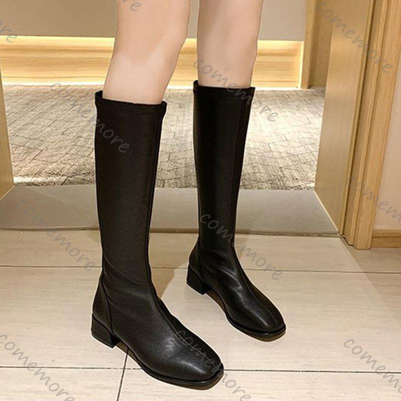 Fashion Comemore Thick Low Heel Knight Knee Boots Women Elegant Shoes Solid Color Spring Autumn Soft Leather Long Botas Large Size 43