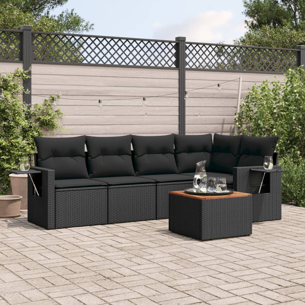 Vidaxl 6-Cz. Garden Furniture Set With Cushions, Black Poly Rattan