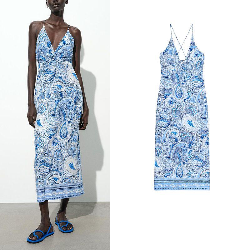 Summer New Women Clothes European and American Leisure V-neck Knot Decoration Print Fashion Temperament Midi Dress 3558671