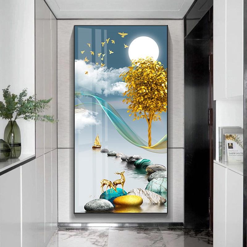 Modern Golden Rich Tree Canvas Painting Wall Art New Chinese Gold Deer Zen Stone Posters for Porch Wall Decoration Room Decor