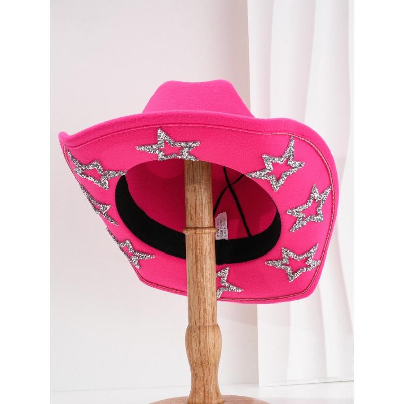 Unisex Black Felt Wide Brim Cowboy Hat With Rhinestone Star Decor