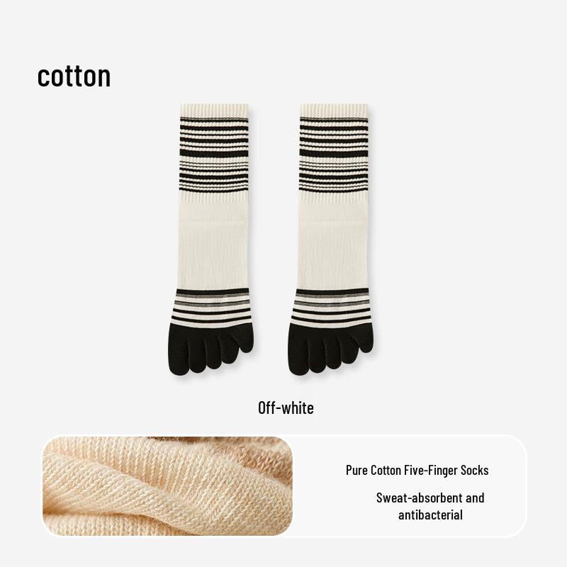 Women's Pure Cotton Non-Slip Five-Toe Mid-Calf Socks: Breathable, Odor-Resistant, Striped, for Spring/Summer