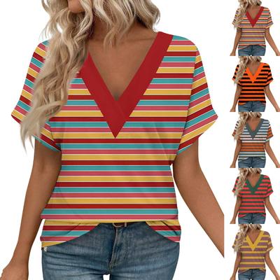 Women's Short Sleeve Shirts V Neck Print Tops Casual Tops Basic Tees Blouse Loose Tops