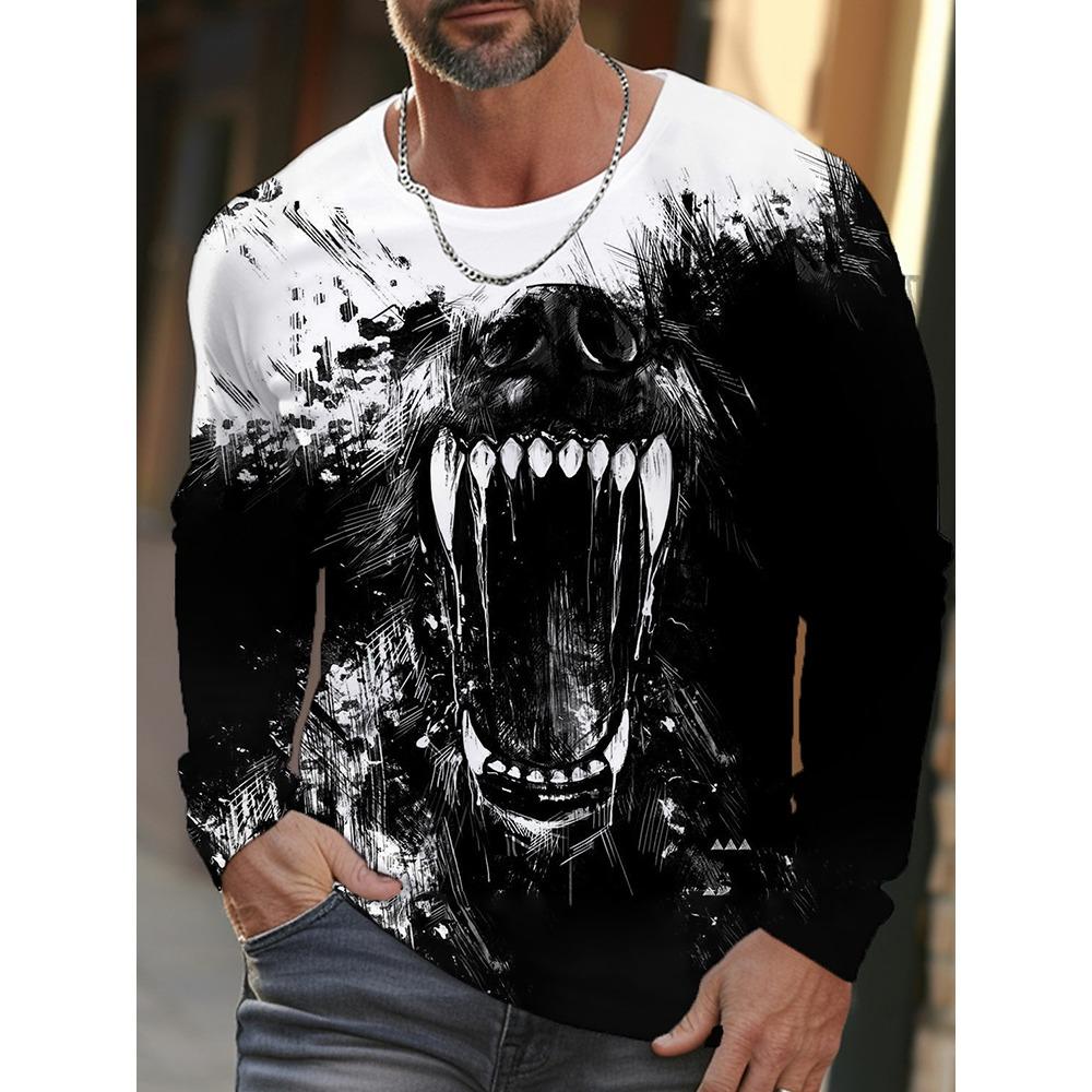 2025 3D Wolf Pack Print Men's Long-sleeved T-shirt Street Style Men's Warm Top For Autumn And Winter Daily Casual Men's Shirt
