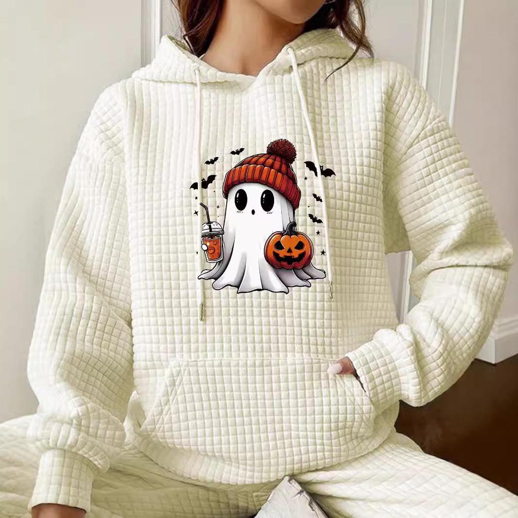 Women's Autumn/Winter Waffle Hooded Halloween Print Sweatshirt - Loose Fit, Long Sleeve, European Size