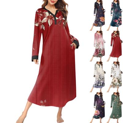 Women's Nightgown Fashion Printed Long Housecoat V Neck Pajamas With Pockets Dress
