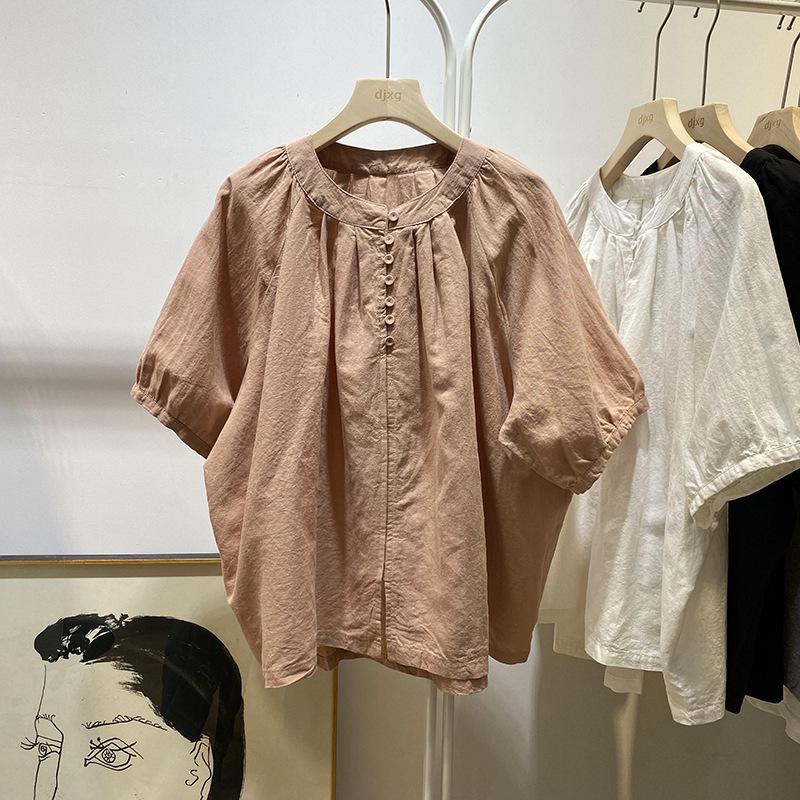Korean Style Retro Stand Collar Loose Fit Short Sleeve Women's Doll Shirt