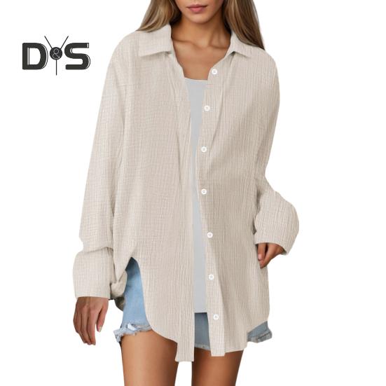 Women Shirt Lapel Long Sleeve Buttons Placket Shirt Tops Solid Color Loose Fit Easy Care Wrinkled Shirt