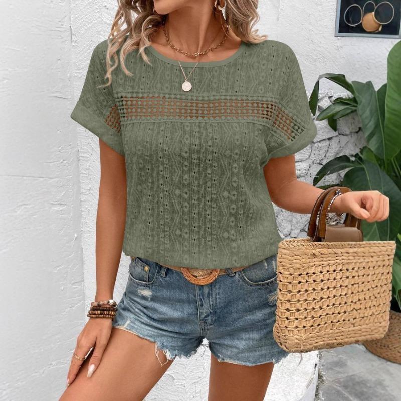 Women's Fashion Summer Spring Casual Solid Color Print Short Sleeve O Neck Blouses & Shirts