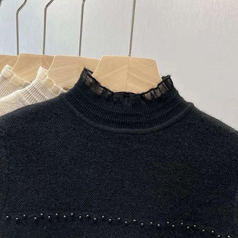 Tricotaj din dantelă Pulover pentru femei de pluș integrat, subțire, cu jumătate de gât înalt, pulover îngroșat, decorare cu perle, pulover de tragere, toamnă iarnă