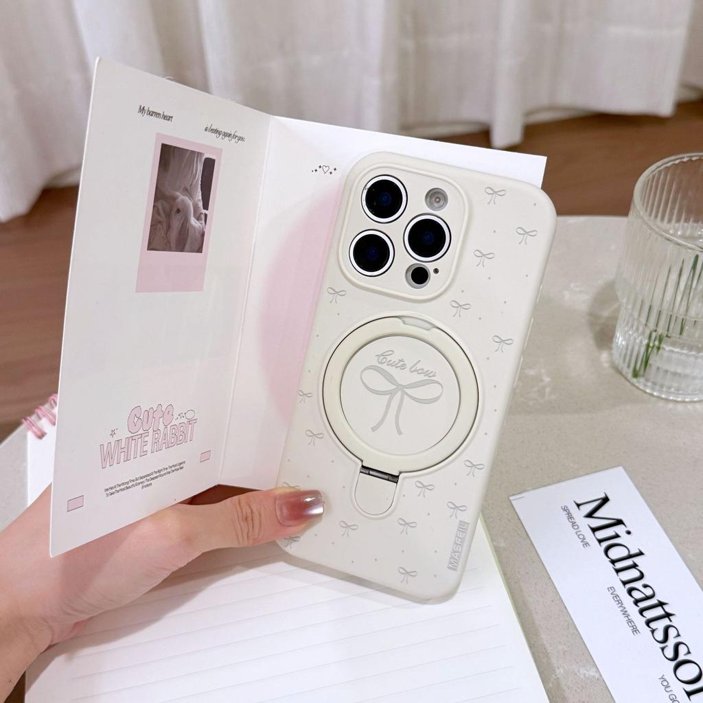 MagSafe Bowknot Silicone Phone Case with Ring Holder, Cute Macaron Color Kickstand Cover for iPhone