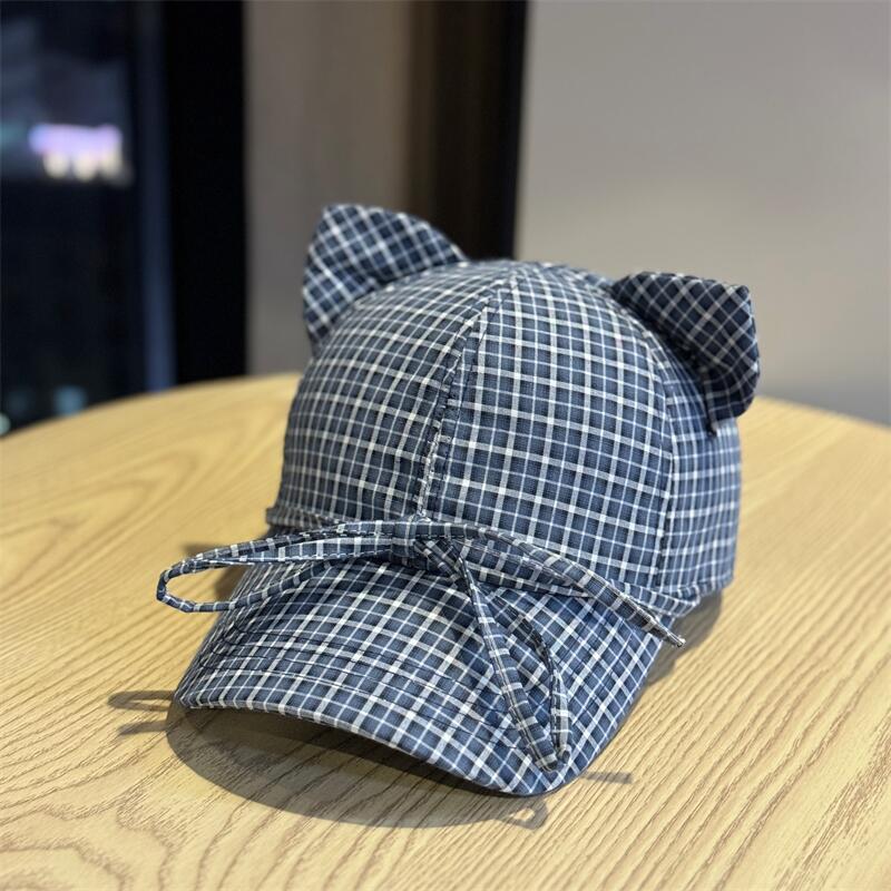 

New plaid cute cat ear baseball cap for women, summer fashion casual versatile sun protection hat that makes the face look smaller Adult54-60Adjustable темно-синього кольору