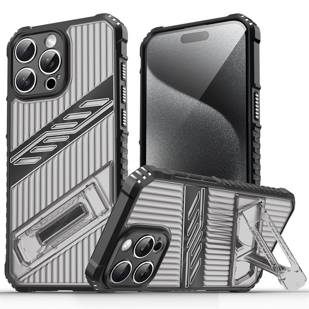 

For iPhone 15 Pro Case Folding Kickstand PC+TPU Anti Drop Phone Cover Black/Grey