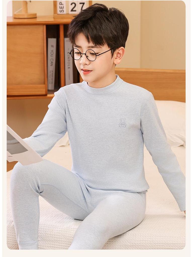 Children's Warm Autumn/Winter Underwear Set for Medium and Large Kids – Cozy Brushed Cotton Top & Trousers, Unisex, Thickened Two-Piece Set