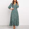 Herbstliches Chiffon-Kleid mit V-Ausschnitt und langen Ärmeln und hoher Taille