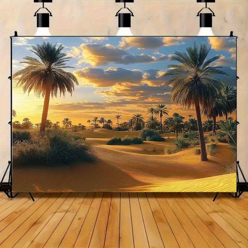 2D flat design 1 piece golden desert oasis and palm tree background fabric suitable for festival parties