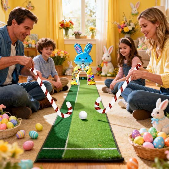 Set Joc de Golf Iepurașul de Paște Pista Mini Golf din Lemn cu Băț de Golf Candelă și Bile pentru Petrecerea de Paște în Familie în Interior