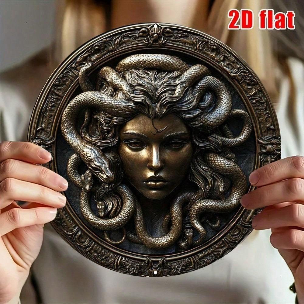 Metal Medusa Wall Art, 8x8 Inch Round Aluminum Sculpture, 2D Flat Head Decor for Home, Waterproof Durable Outdoor Metal Sign