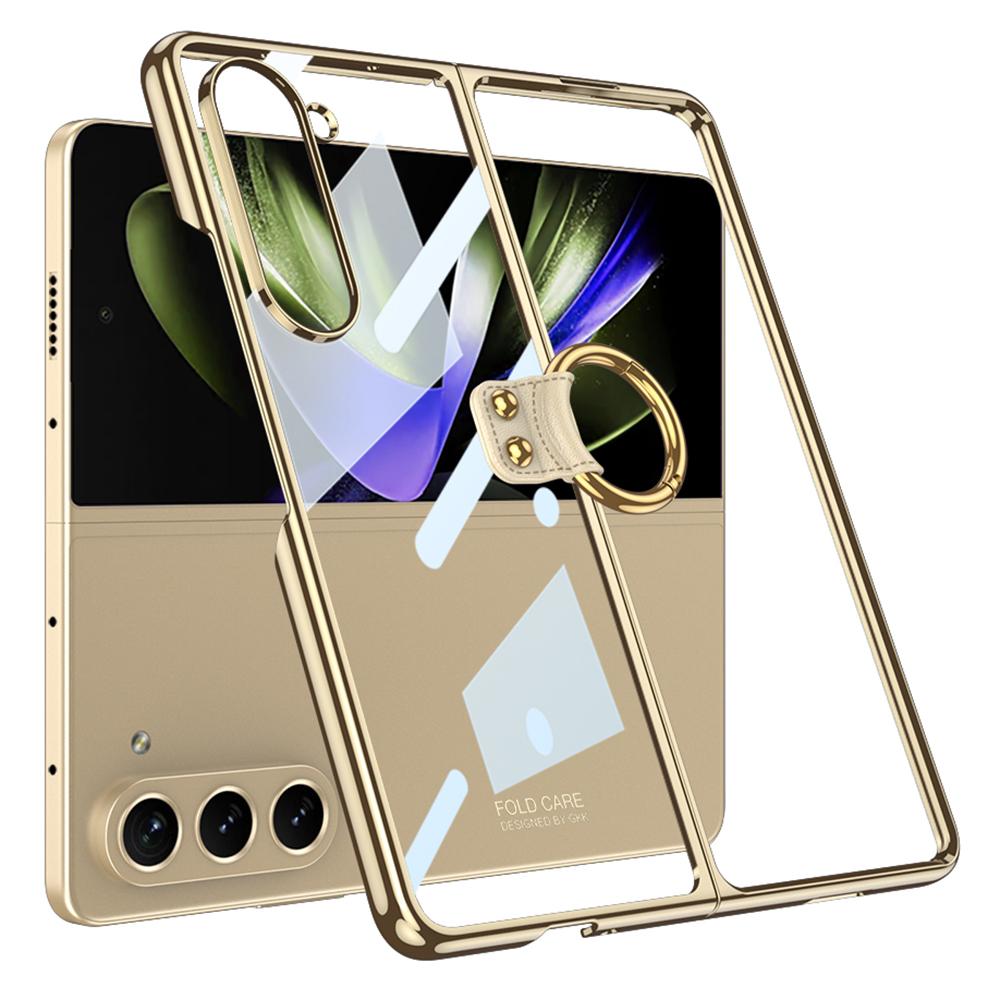 

GKK For Samsung Galaxy Z Fold5 5G Hard PC Clear Case Ring Holder Kickstand Electroplating Phone Cover Champagne Gold