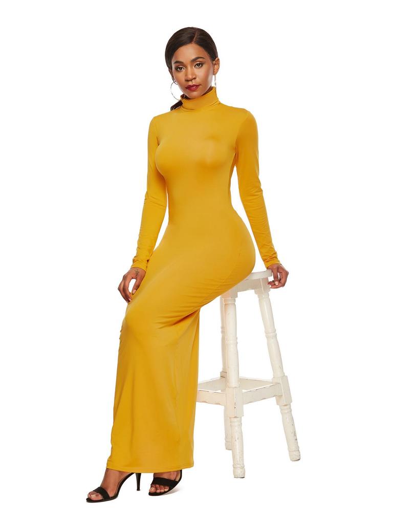 Elastic High-Neck Long-Sleeve Maxi Dress