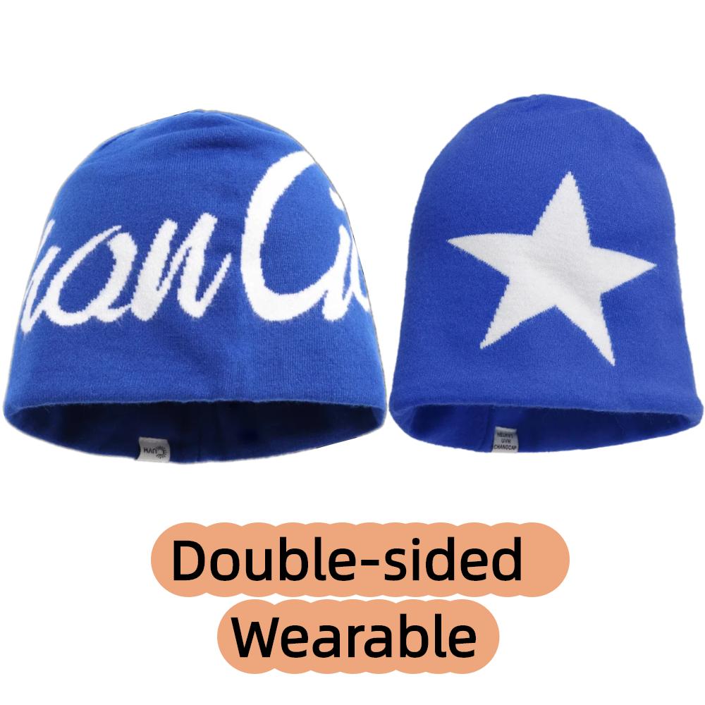 Fashion Letter Print Winter Beanie Hat Couple Reversible Warm Soft Cap Windproof Hats For Man Women Outdoor Winter Knitted Hats