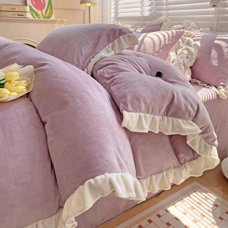 

Thickened Milk Fleece Bed Four-Piece Set Double-Sided Coral Fleece Bed Sheet Quilt Cover Bed Cover Bedding 1.2m 3pc- 150x200cm quilt core