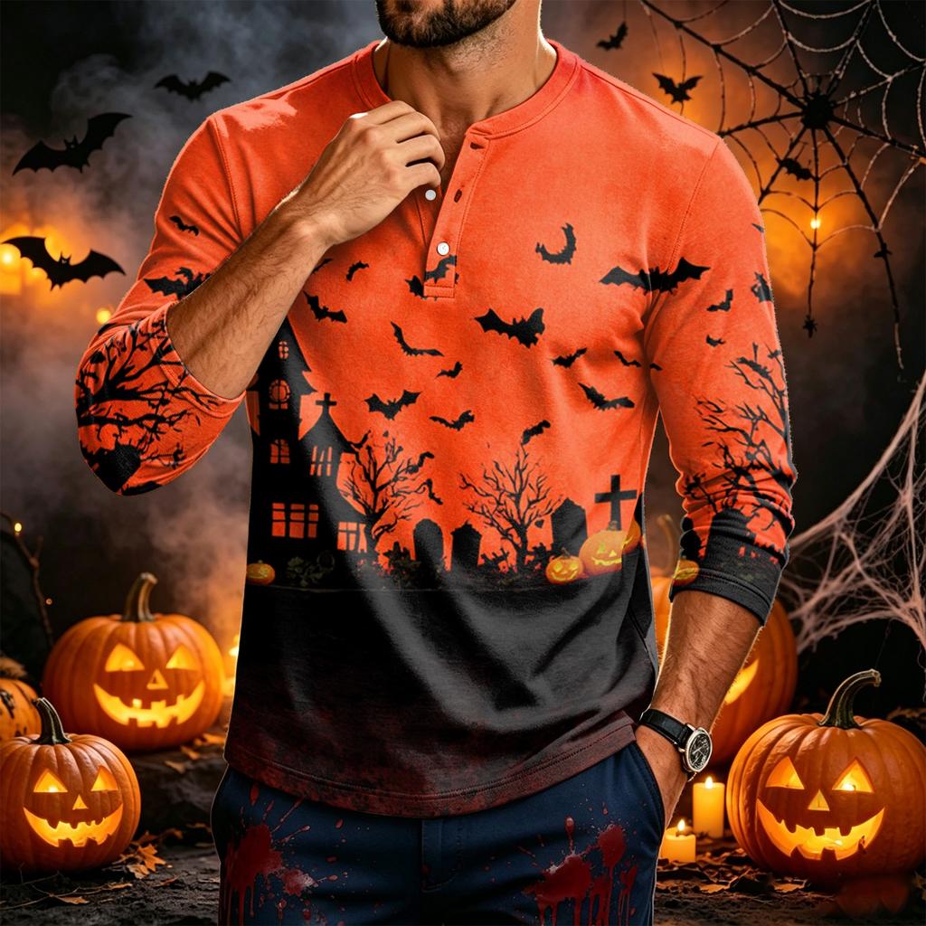 Men's Long Sleeve Tee with Halloween Print for Casual Wear