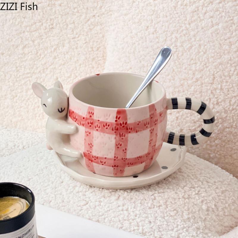 BR450ml Ceramic Hand-painted Coffee Cup Set Japanese Cute Hug Rabbit Three-dimensional Cup with Dish Children's Beverage Water CupEY