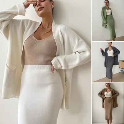 Conjunto de 2 piezas de chaqueta de punto, suéter, abrigo y falda, largo medio, manga larga, suelta