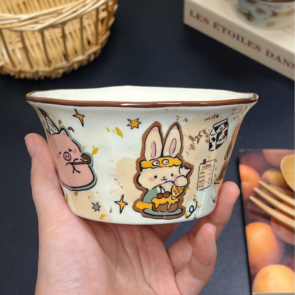 Ins Style Ceramic Household Hat Bowl High Value Cute Girl Rice Bowl Tableware Cartoon Breakfast Dessert Salad Bowl