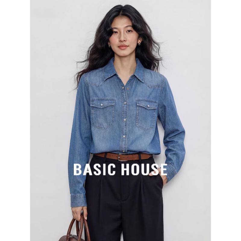 Basic House Women s 100% Tencel Long-Sleeve Denim Shirt S