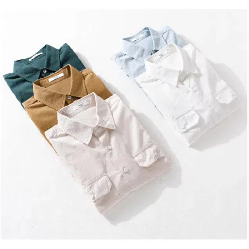 Summer Cargo Short Sleeve Shirt Men Japanese Style Workwear Men Tops Slim Fit 100cotton Casual Shirt Comfort
