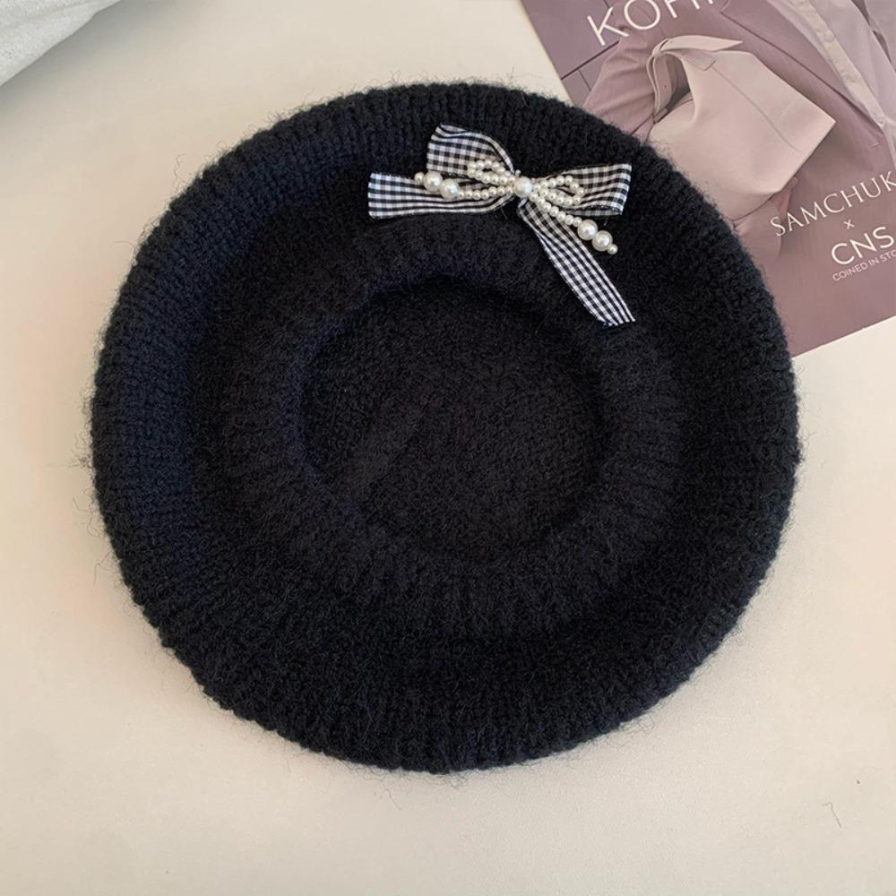 Solid Color Beanie Cap Pearl Plaid Artist Painter Cap Knitted Beret Hat  Autumn and Winter Warmth