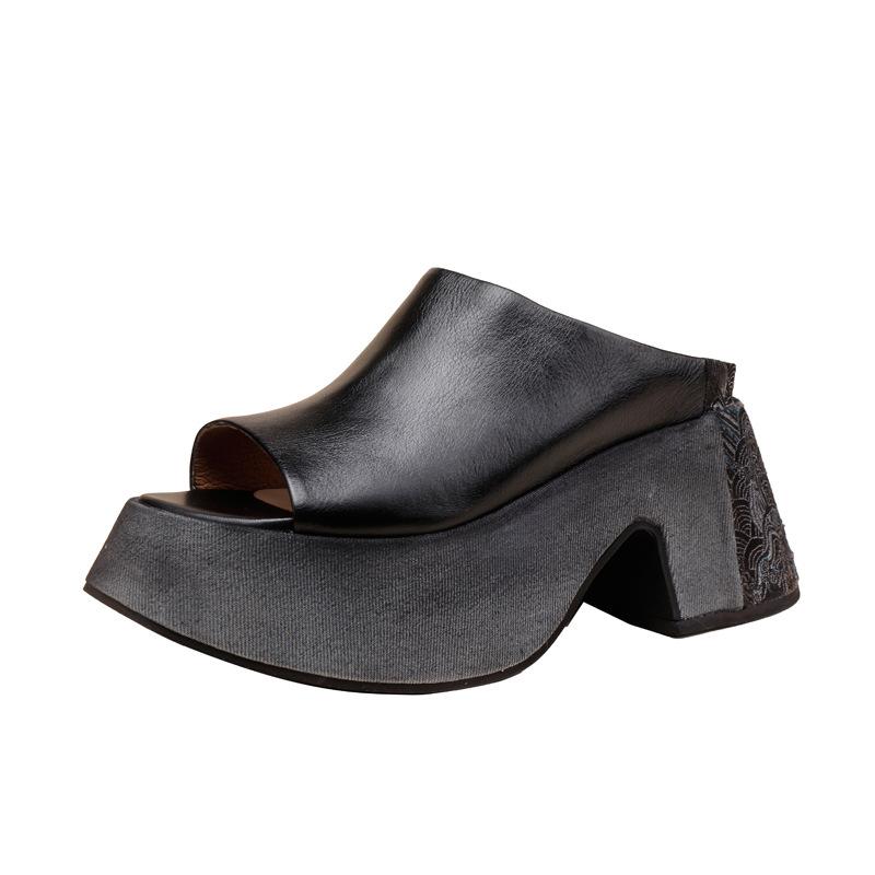 Fashion GKTINOO 8cm Slipper ROME Platform Wedge High Heels Summer Shoes Women Peep Toe Cow Genuine Leather Moccasins Embroider Mary Jane