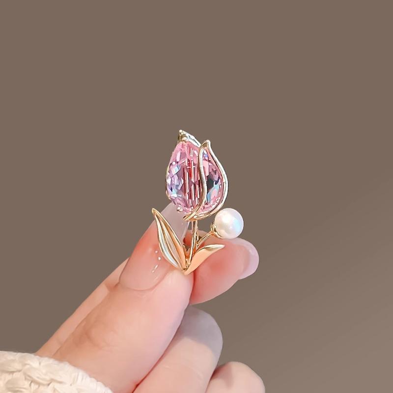Shiny Tulip Crystal Zircon Flower Pearl Brooch For Women Rhinestone Corsage Pins Party Jewelry Gift