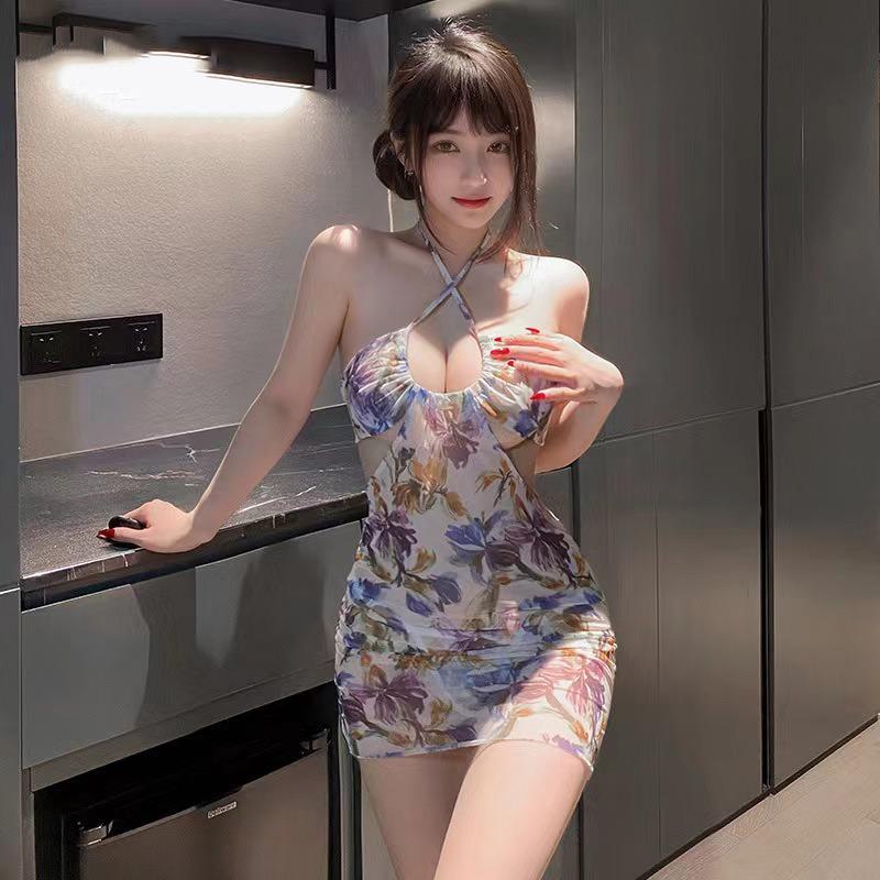 Sexy Seduction Lingerie Halter Perspective Printing Smudge Hip Skirt Pure Lust Hottie Suspender Floral Skirt Flirting