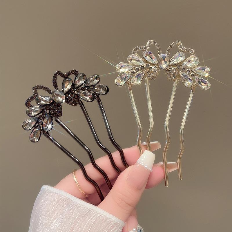 1Pcs Bun Comb Hanfu Metal Hair Clips Fashion Rhinestones U-Shaped Hair Sticks Butterfly Hair Stick For Women Hair Accessories