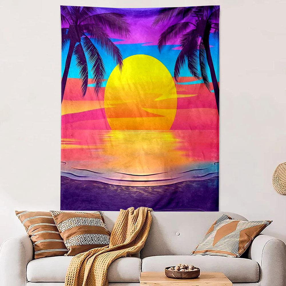 Tropical Sunset with Palm Trees Patterned Tapestry Decorative Wall Hanging, Home Bedroom Living Room Decor