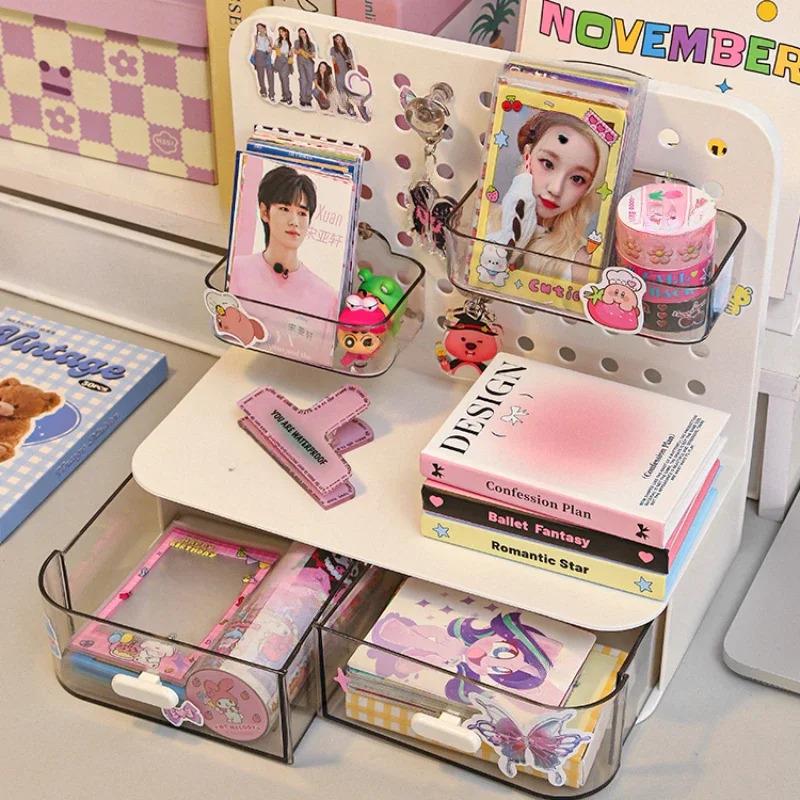 Kawaii Hook Drawer Hole-board Card Stand, Desktop Idol Storage Box, Desk Stationery Organization Rack, Small Display Organizer