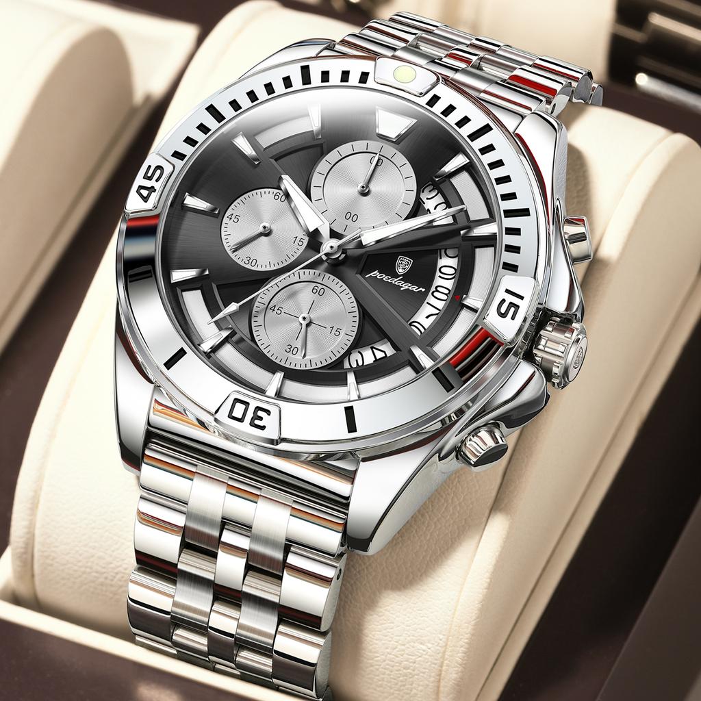 Men Chronograph Watches Stainless Steel Analog Quartz Wrist Watch Waterproof Luminous Date Business Dress Watch for Men