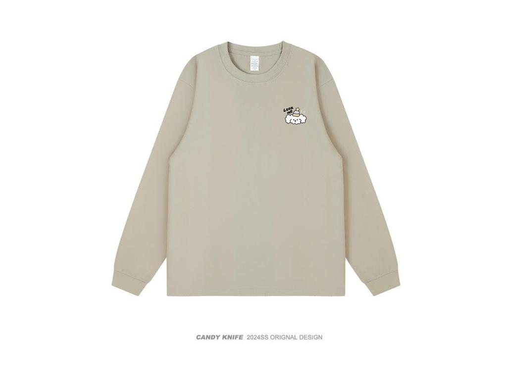 Trendy Korean Style Versatile Cute Print Cuffed Long Sleeve Couple T-Shirt