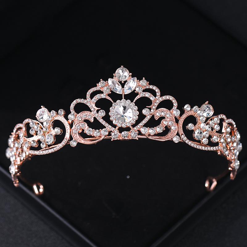 Rose Gold Crystal Bridal Tiaras and Crowns for Women Bride Rhinestone Prom Diadem Headband Bridal Wedding Hair Accessories Crown