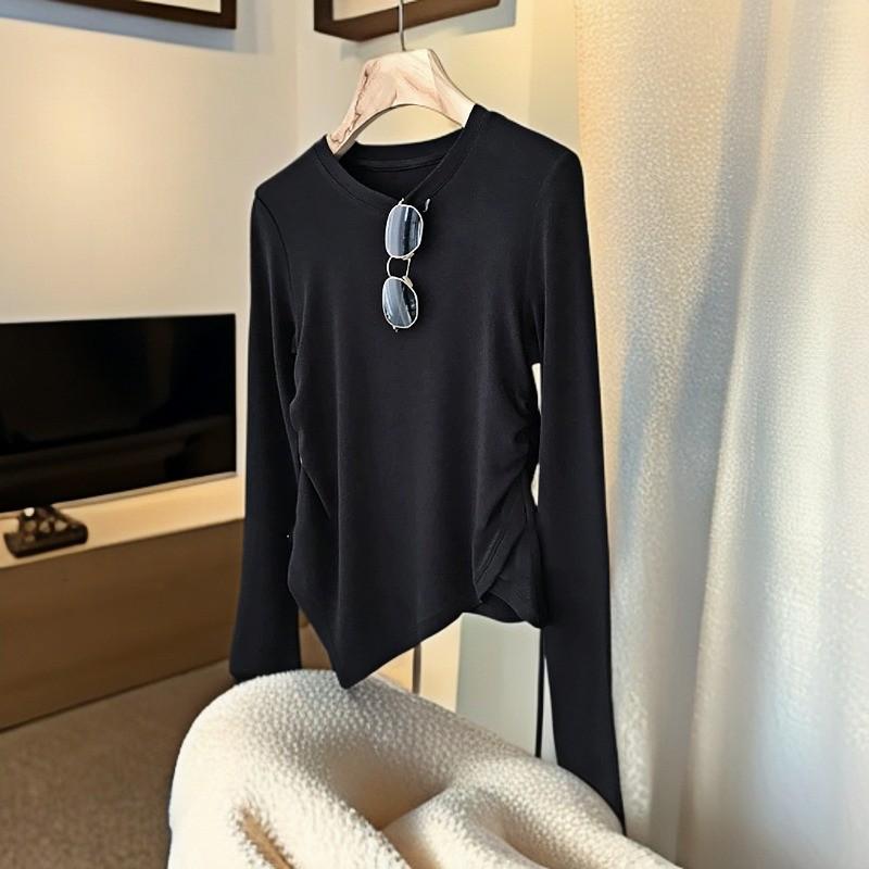 

Необычный нишевый дизайн, повседневная футболка с круглым вырезом, однотонная, больших размеров, плиссированная, стройнящая, универсальная, с длинным рукавом L (95-110 lbs)