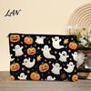 Durable Data Cable Organizer Cosmetic Bag, Halloween Pattern Print Makeup Canvas Cute Storage Bag Zipper Pouch, for Change Washable Pencil Case