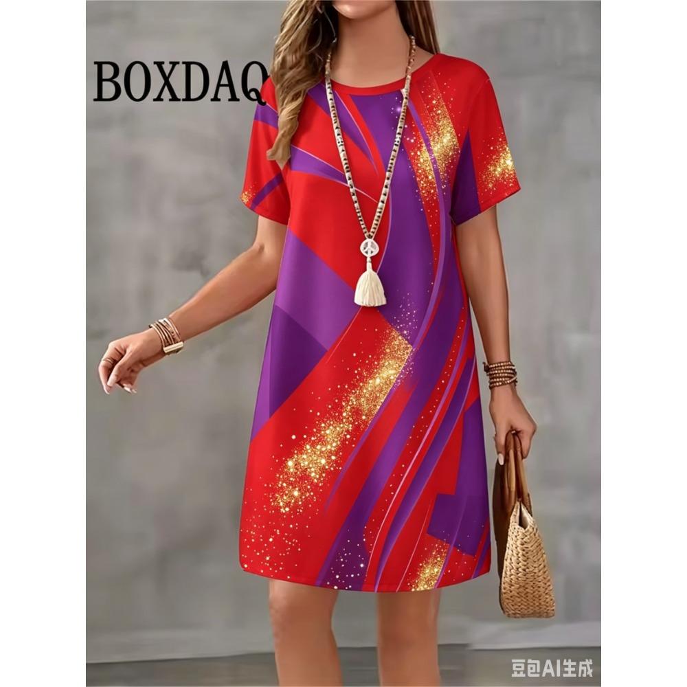 Summer New Round Neck Short Sleeved Abstract Design Printed Loose and Fashionable Women's Dress