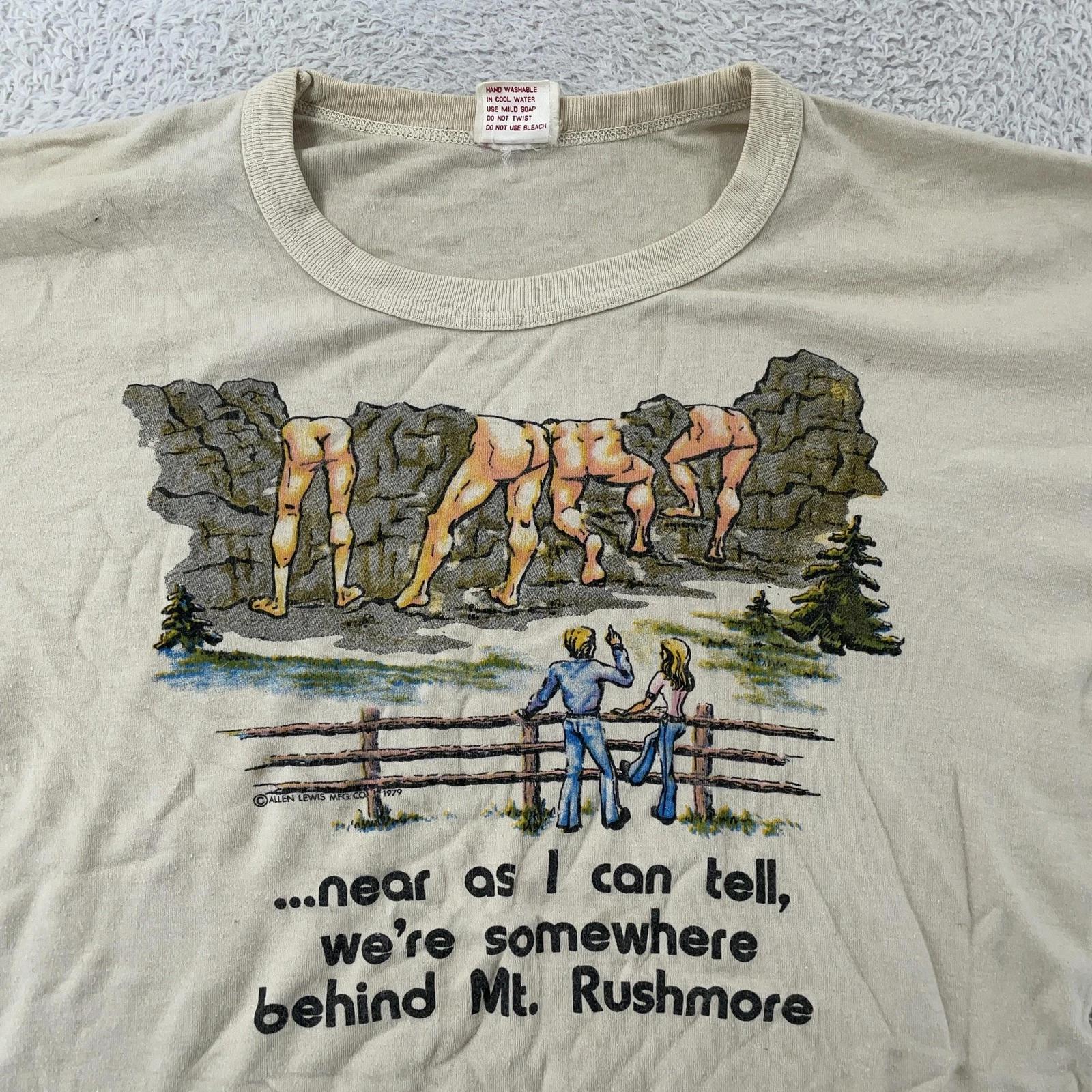 Vtg 80s Mount Rushmore Rayon Blend Ringer Shirt CROP FIT XS Butt Joke Funny Tee S