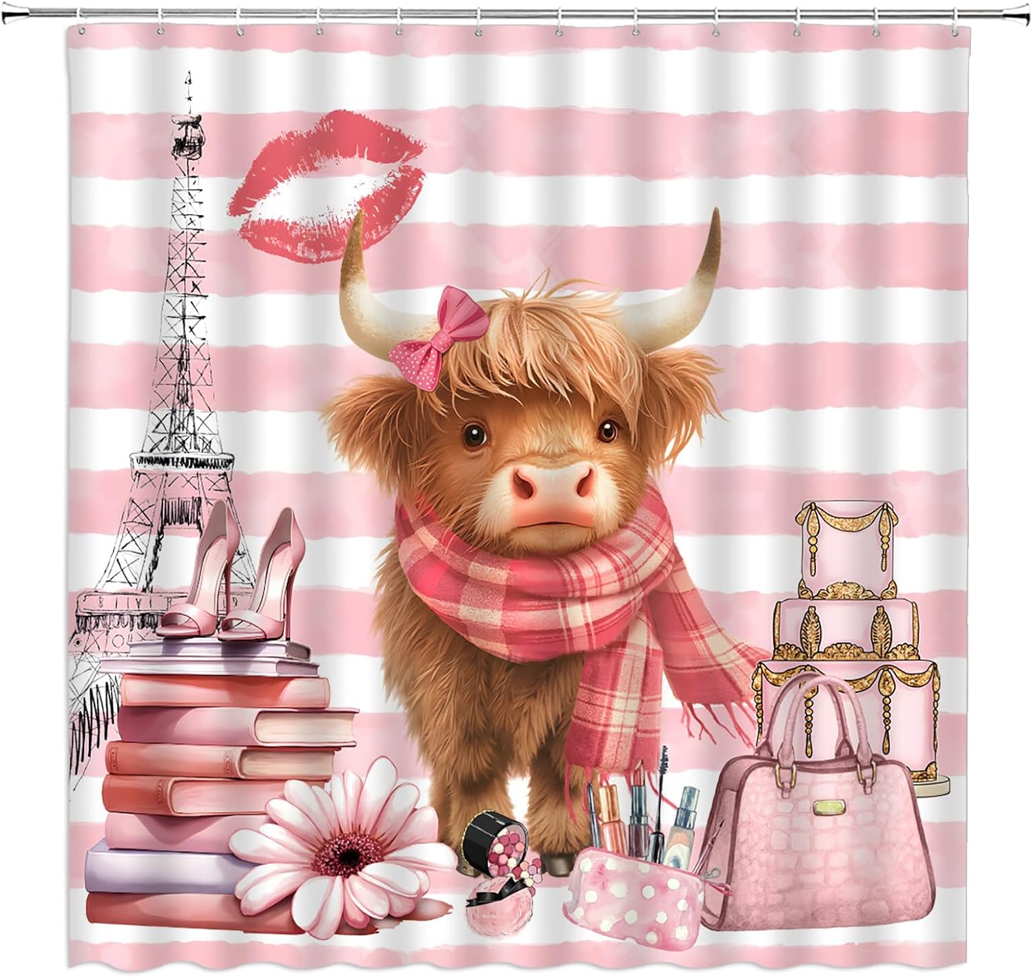 

Cute Cow Extra Long Shower Curtain,Funny Highland Cow Eiffel Towel Pink White Geometric Striped Bathroom Home Curtain Decor W60H190(CM)-1 Pcs