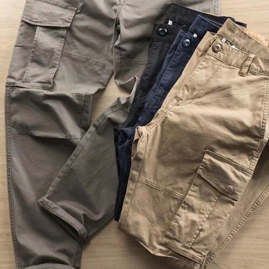 Men Cargo Pants Loose Button Zipper Closure Solid Color High Street Style Straight Leg Pockets Streetwear