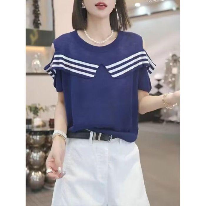 

Свободная тонкая трикотажная футболка с коротким рукавом и круглым вырезом, в полоску, с открытыми плечами для женщин one size синий