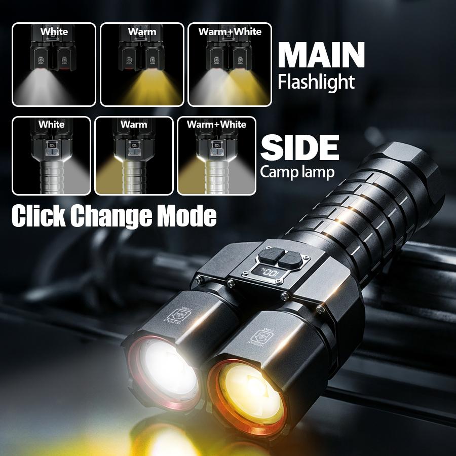 Powerful Dual Light Source LED Flashlight USB Rechargeable Zoom White Yellow Torch Long Range Flashlight With 4*181350 Battery